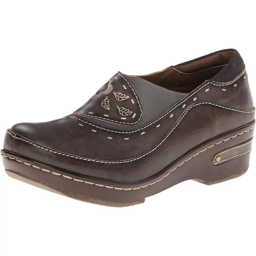 L'Artiste by Spring Step Womens Burbank Floral Leather Slip-On Clog -- Gray NEW